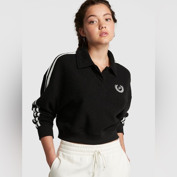 🆕 VS PINK | Reverse Fleece Cropped Polo Sweatshirt Size Large - Picture 1 of 4